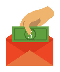 hand puts money in an envelope colored icon. Element of bankings for mobile concept and web apps. Detailed hand puts money in an envelope colored icon