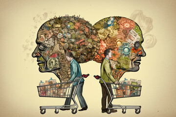 Two men with shopping cart full of different goods. Concept of shopaholism and overconsumption. Male consumer thinking about future purchasing. Created with Generative AI - obrazy, fototapety, plakaty