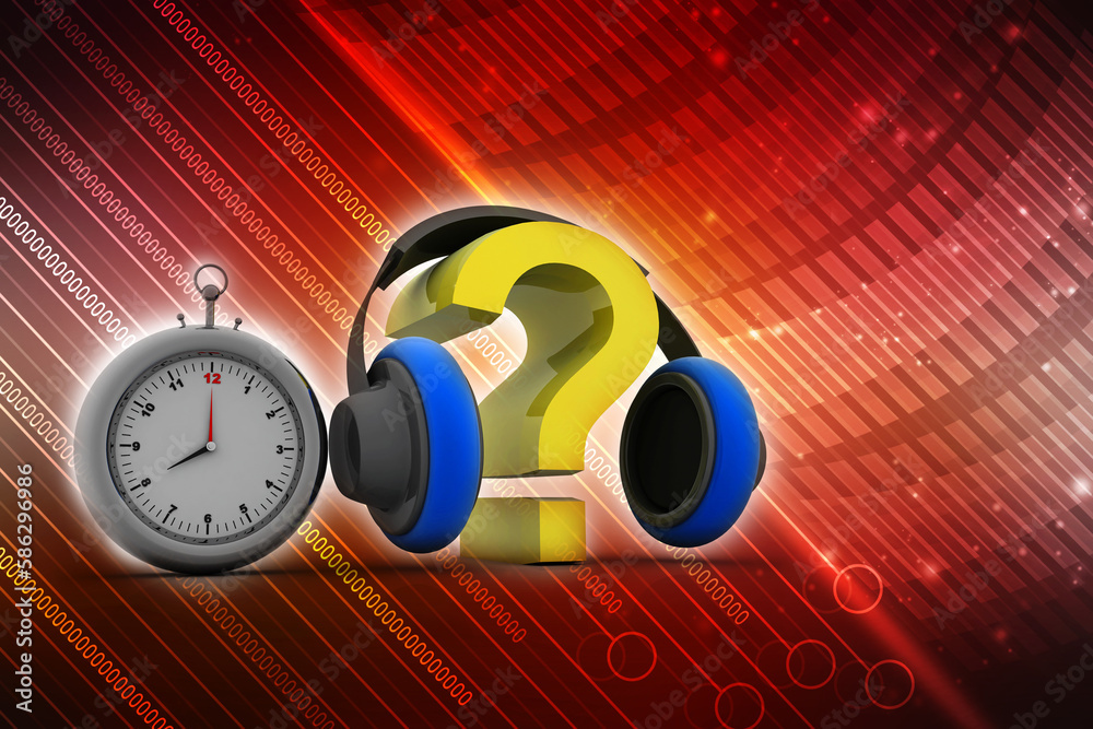 Poster 3d rendering question mark connected headphone with clock