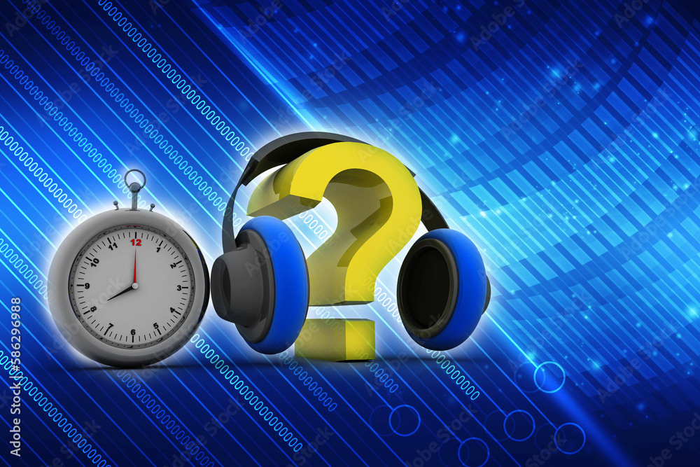 Poster 3d rendering question mark connected headphone with clock