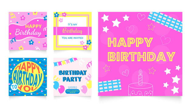Happy Birthday instagram post templates. Isolated vector social media designs collection in 90's style