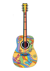 Bright cool cartoon color guitar with patterns - 60s-70s hippie style. Print. social networks, design. Vintage vector illustration isolated on white background.