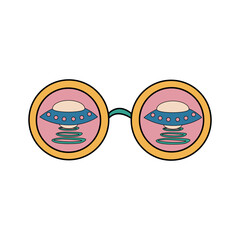 Round glasses in hippie style with flying saucers inside the lenses. hippie style 60s-70s. vector illustration isolated on white background.