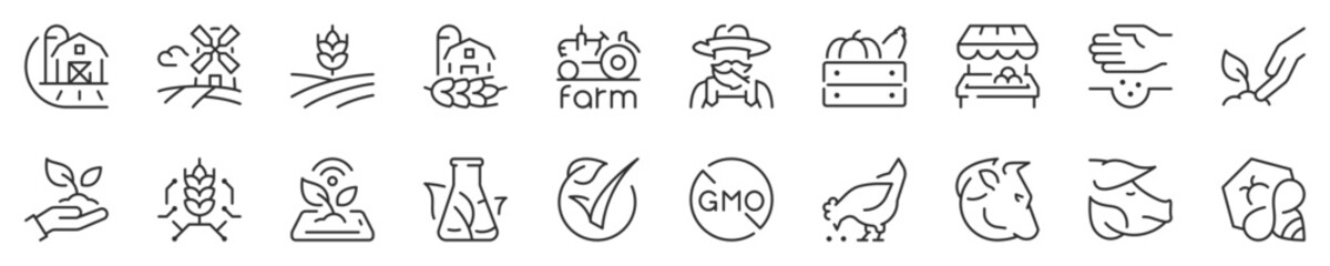 Farm, organic food production and new agricultural technologies thin line icon set. Symbol collection in transparent background. Editable vector stroke. 512x512 Pixel Perfect.