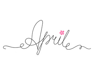 April. Vintage vector calligraphy text. One line drawn. Hand drawn word April on white background. Springtime concepts.