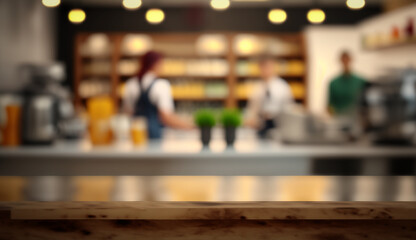 Empty kitchen counter worktop for product display. Blurred people in the background. Generative ai