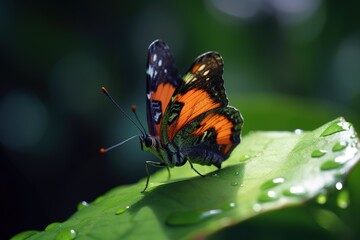 Fototapeta na wymiar Close up shot of monarch butterfly posing on a leaf. Generative AI