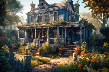 Obraz premium A charming bed and breakfast with a quaint garden and breakfast in bed