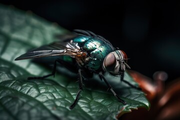Fly posing on a leaf close up macro shot. Generative AI