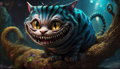 Cheshire Cat from Alice in Wonderland grinning in fantasy forest (created with Generative AI)