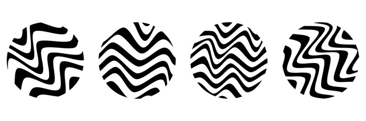 Abstract wave illusion circle shape set. Curved black round figures. Vector illustration isolated on white.