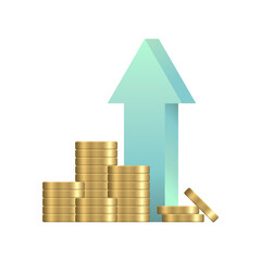 Golden coins and up arrow. Realistic stacks of coins. Cash money income, increase. Vector illustration isolated on white background.
