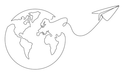 World map with flying paper airplane one line art. Continuous Earth globe line drawing. Vector illustration isolated on white background.