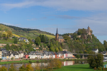 City view of the german city Saarburg with river called Saar and old castle ruin