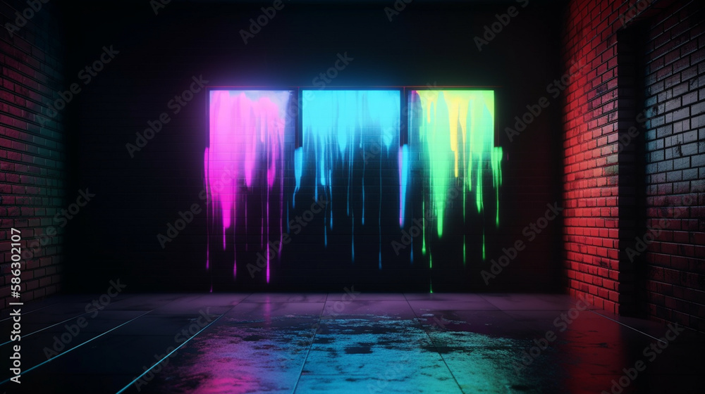 Poster background of an empty room with brick walls and neon generative ai