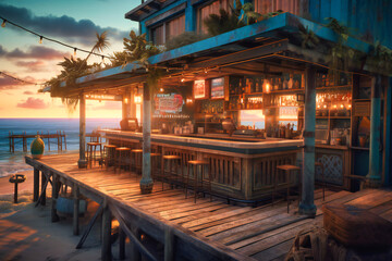 A seaside bar with tropical drinks and sunset views