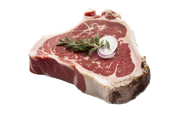 a cooking-themed illustration photo featuring an isolated raw T-Bone steak arranged with rosemary seasonings and herbs set on a transparent background and provided in PNG. Generative AI
