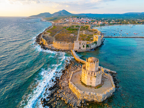 Sunset panorama of Methoni castle in Greece