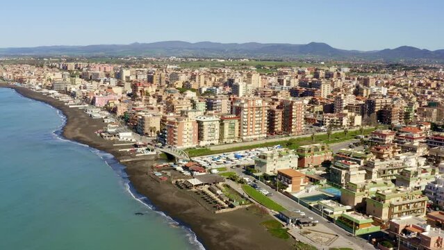 Aerial view of Ladispoli. It is a town in the Metropolitan City of Rome, Lazio, Italy. It is located on the Mediterranean Sea.
