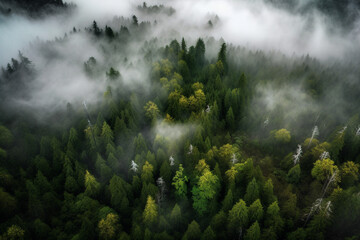 Fototapeta na wymiar aerial view of a fog in the forest and mountain