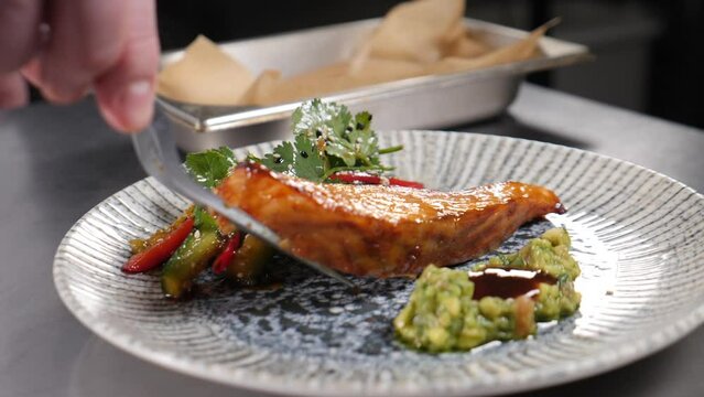 Tasty baked salmon steak being served on plate with herbs and vegetable susing culinary tongs. Slow motion. delicious food. Luxury restaurant. roasted salmon fillet. Full hd