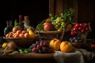 Still Life Composition With Fresh Vegetables And Fruits On Aged Wooden Table.