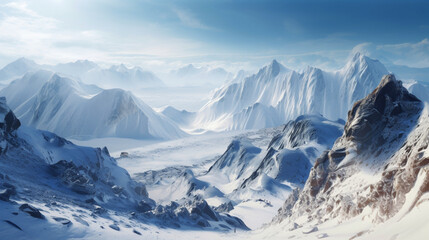 Fototapeta na wymiar A panoramic view of a snow-covered mountain Generative AI