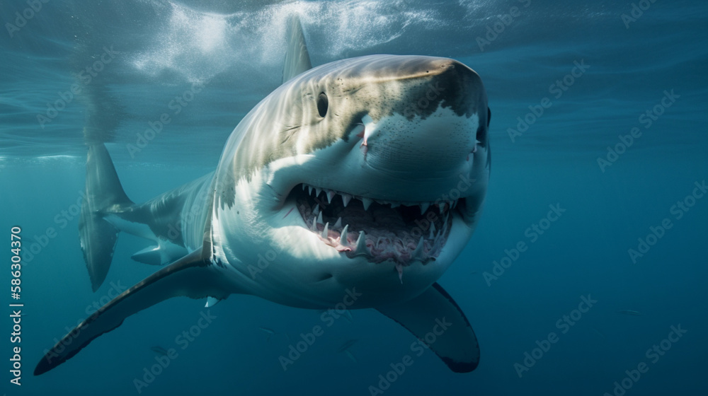 Sticker A ferocious white shark with sharp teeth Generative AI