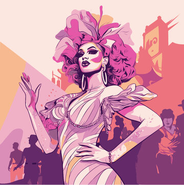 Drag Queen: Man dressed up as a woman on pink colored city background, vector for Pride month