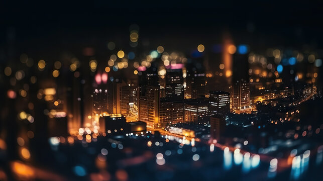 Defocused lights in city. The bokeh light from building and night city. Cityscape. Generative AI.