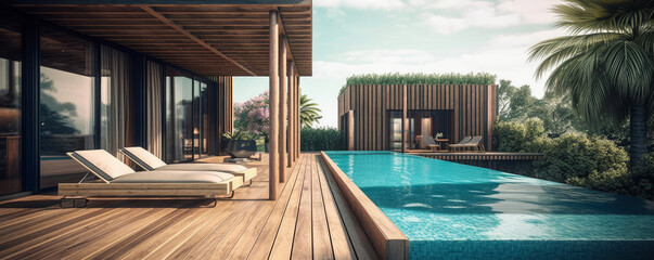 a poolside wooden patio with a contemporary holiday home - Generative AI