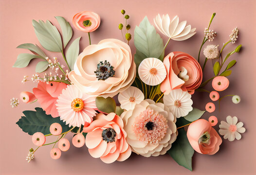 Spring flowers on pink pastel background top view in flat lay style. Greeting for Womens or Mothers Day or Spring Sale Banner. Generative Ai.