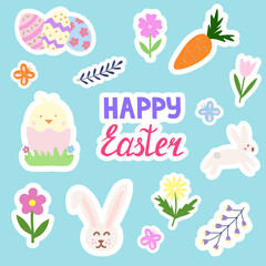 Fototapeta na wymiar Easter sticker pack with colourful eggs, chick, bunny, butterfly, flowers and carrot, vector