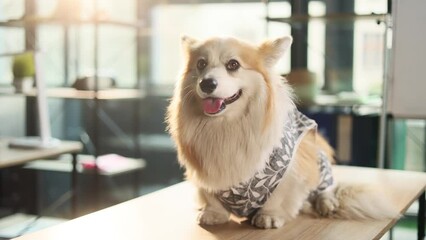 Portrait of adorable cute fluffy welsh corgi in bandage after operation sitting on table in vet clinic indoors Smiling pet dog feeling good after veterinary treatment Excellent vet service concept
