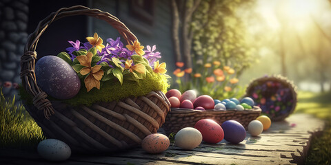 Easter_Eggs_In_Basket_On_Aged_Wooden_Table_In_Spring_generative AI