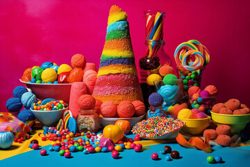 Fototapeta na wymiar table set food and drink, po art style, vibrant colors, generative ai illustration