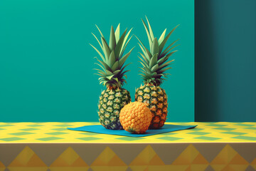 pineapple fruit concept summer on table, optical vibrant light, generative ai illustration