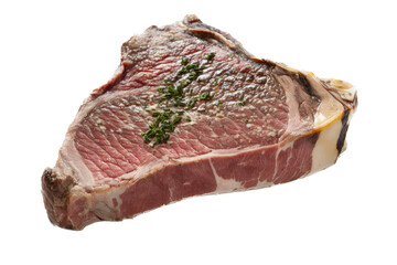a cooking-themed illustration photo featuring an isolated raw T-Bone steak arranged with rosemary seasonings and herbs set on a transparent background and provided in PNG. Generative AI