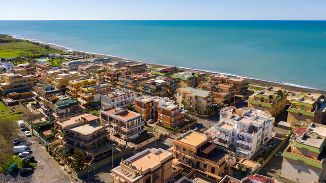 Aerial view of Ladispoli. It is a town in the Metropolitan City of Rome, Lazio, Italy. It is located on the Mediterranean Sea.