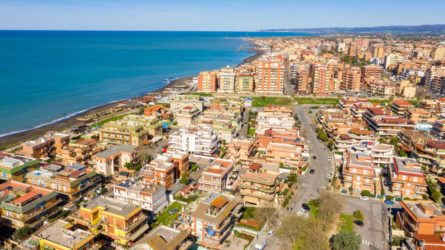 Aerial view of Ladispoli. It is a town in the Metropolitan City of Rome, Lazio, Italy. It is located on the Mediterranean Sea.