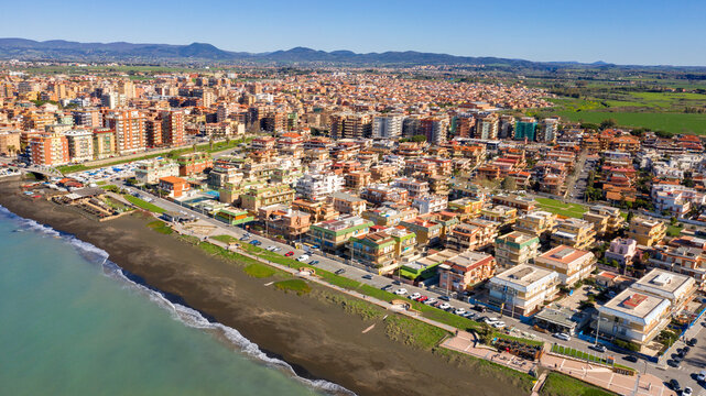Aerial view of Ladispoli. It is a town in the Metropolitan City of Rome, Lazio, Italy. It is located on the Mediterranean Sea.