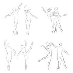 Collection. Silhouette of a ballet actor. The woman and the man have beautiful slender figures. Girl ballerina and boyfriend dancer. Vector illustration set
