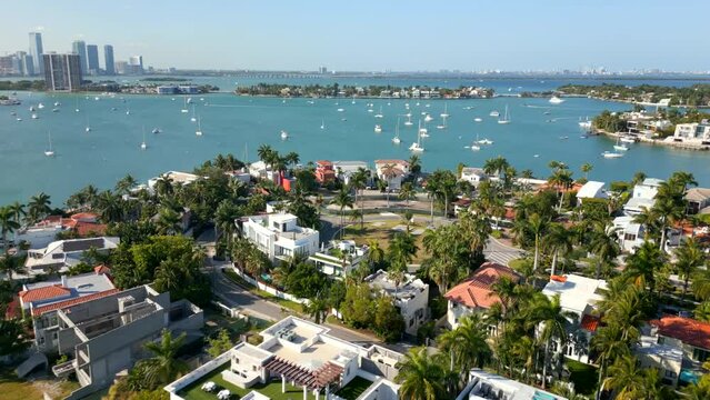 Aerial drone footage Miami Beach mansions on Biscayne Bay