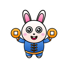 2023 Chinese new year. Cute bunny holding 2 gold coins