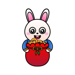 2023 Chinese new year. Cute bunny holding a golden bag. With the feel of Chinese new year