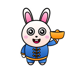 Happy Chinese New Year 2023. Cute bunny holding Chinese gold ingot