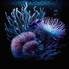 Naklejka na ściany i meble Glowing coral reef with sea anemones and fish. AI generative illustration.