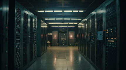 Fototapeta premium Network and internet communication technology concept, data center interior, server racks with telecommunication equipment in server room