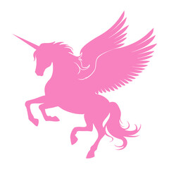 Unicorn with wings, pink romantic pegasus silhouette.