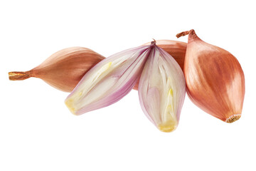 Whole and halved shallots isolated on white background.